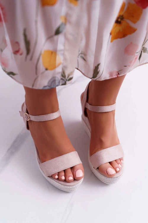 Sandały Damskie Na Koturnie Lniane Beżowe Liviana