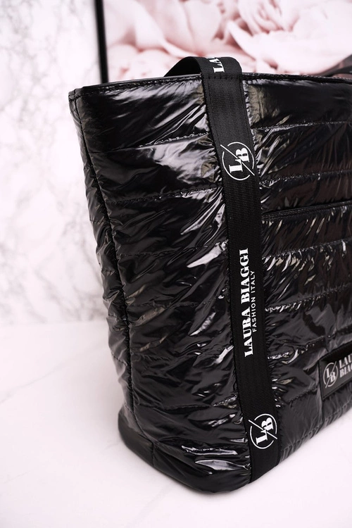 Duża Torba Shopper LAURA BIAGGI Czarna Białe Logo