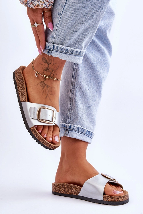 Damskie Klasyczne Klapki Na Korkowej Platformie Srebrne Noa