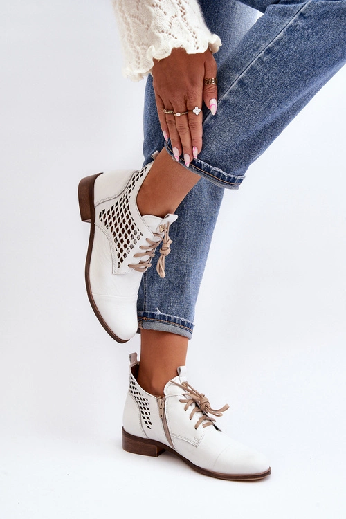 Zazoo 2878 Niskie Ażurowe Botki Skórzane Damskie Białe