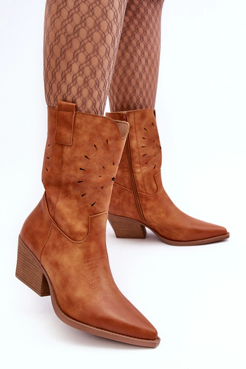 Skórzane Botki Kowbojki Na Niskim Obcasie Camel Ursuline