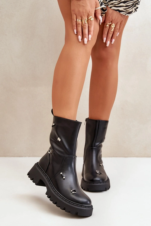 Botki Damskie Eko Skórzane Na Zamek Z Ozdobnymi Detalami Czarne Reritha