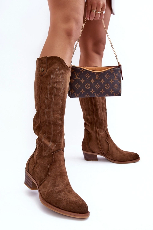 Zamszowe Kozaki Kowbojki Na Niskim Obcasie Brązowe Lunah