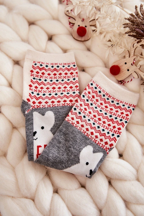 Damskie Skarpetki W Świąteczne Wzory Z Misiem Polarnym Szare