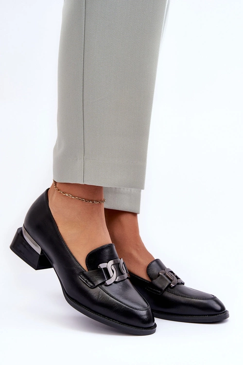 Skórzane Półbuty Mokasyny Na Obcasie Czarne Sakina