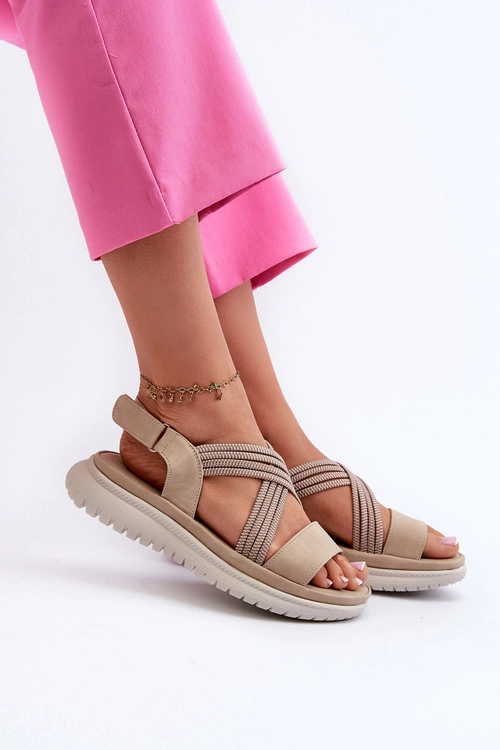 Lekkie Damskie Wygodne Sandały Na Rzep Beżowe Ceclea