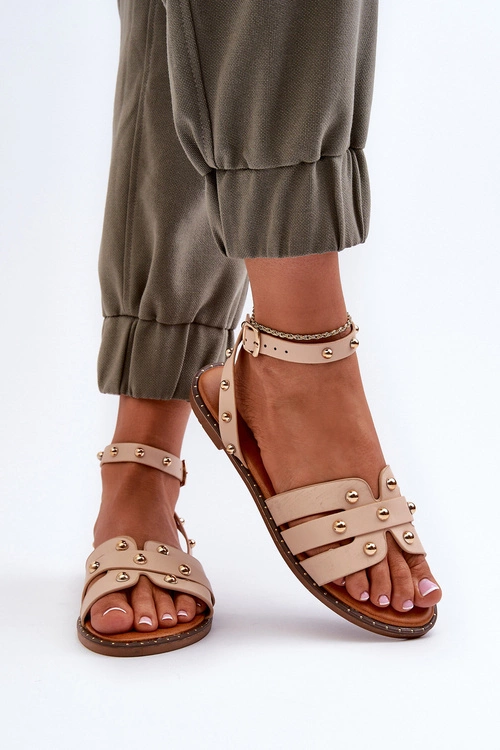 Zdobione Sandały Damskie Na Płaskim Obcasie Beżowe Ianaera