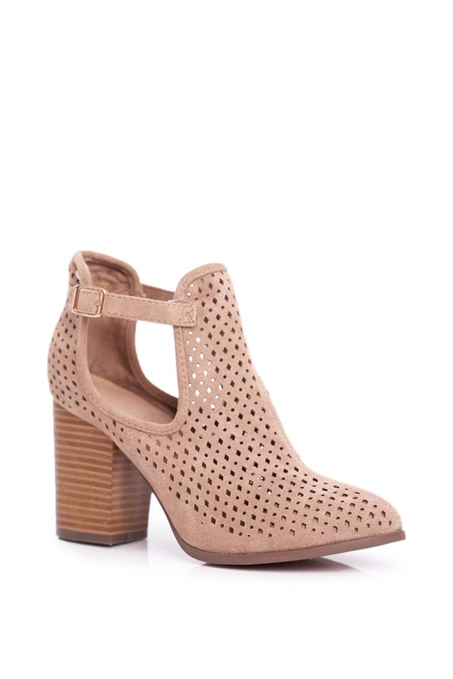 Botki Damskie Na Słupku Zamszowe Ażurowe Beżowe Morrena