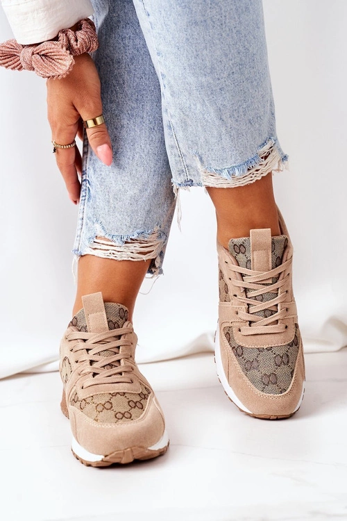 Sportowe Buty Sneakersy Beżowo-Złote Aruba