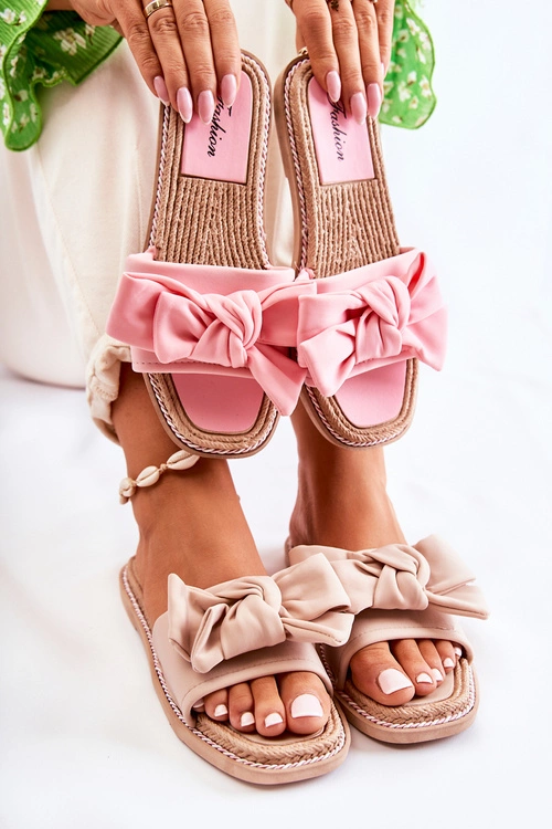 Damskie Klapki Z Materiałową Kokardą Różowe Ginna