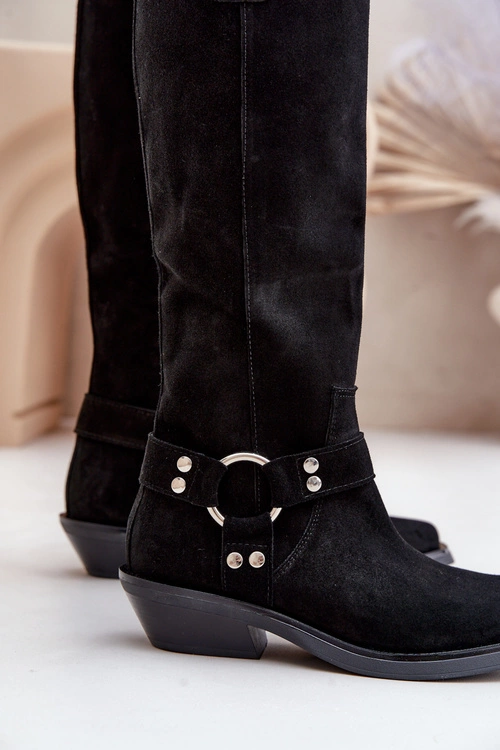 Zamszowe Kozaki Kowbojki Na Niskim Obcasie Z Ozdobą Zazoo 3656 Czarne