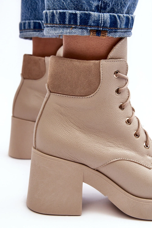 Skórzane Botki Damskie Na Słupku Beżowe Lemar Leocera