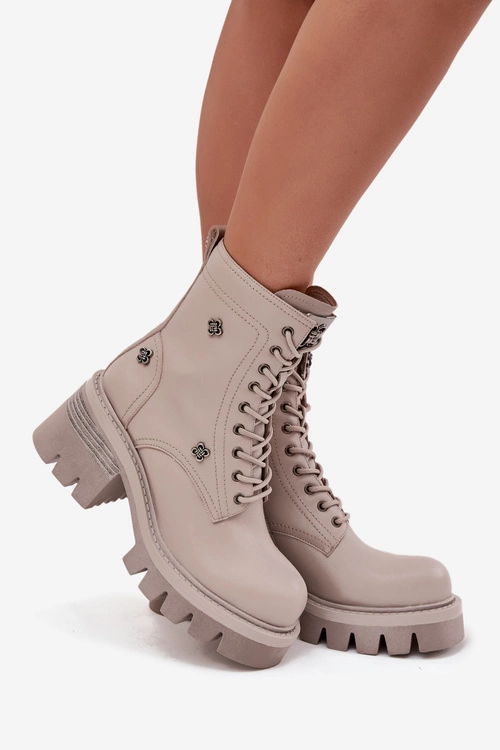 Skórzane Botki Workery Damskie Na Klocku Z Przypinkami Artiker 57C0181 Beżowe