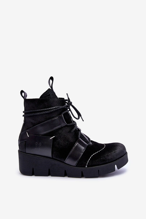 Skórzane Botki Na Koturnie Maciejka 06185-01 Czarne