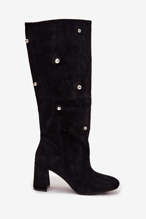 Kozaki Damskie Ocieplane Na Słupku Z Ozdobnymi Detalami Czarne Lucinda