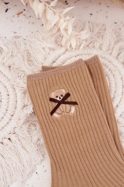 Bawełniane Skarpetki W Prążki Z Misiem Jasnobrązowe