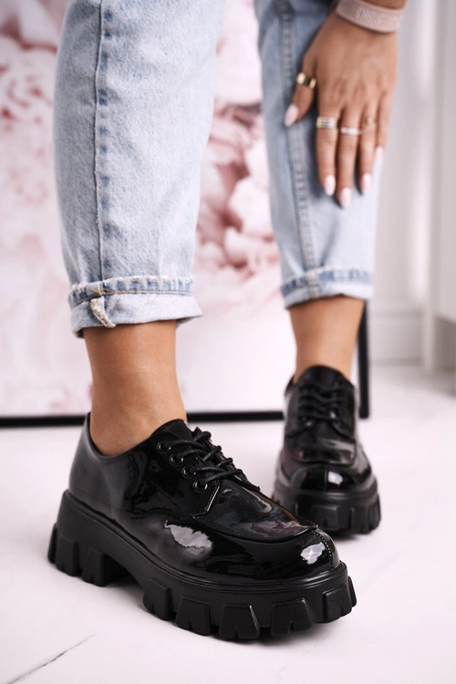 Damskie Półbuty Oxfordy Na Masywnej Platformie S.Barski HX23 Lakierowane Czarne