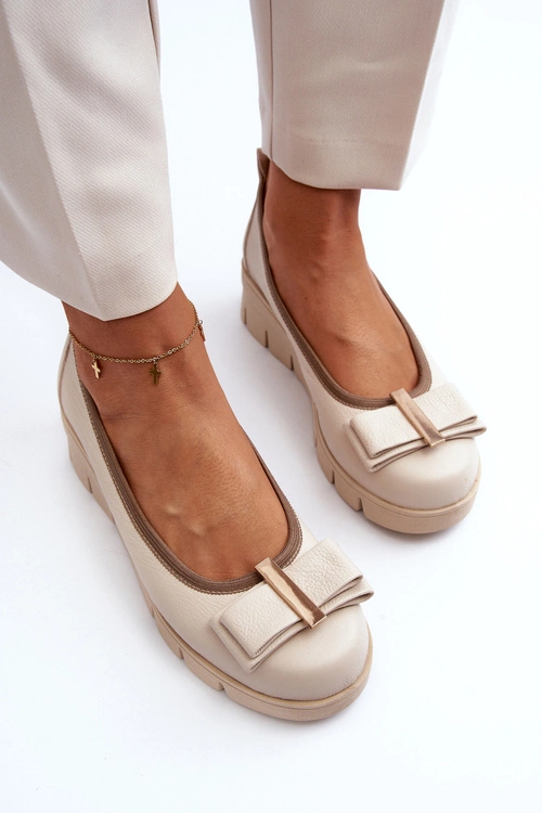 Baleriny Skórzane Na Platformie Z Ozdobą Kremowe Lewski 3384