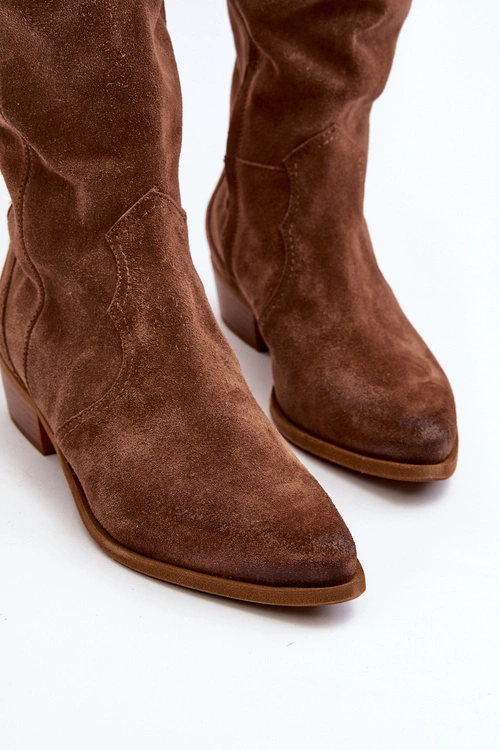 Zazoo 3427 Damskie Zamszowe Kozaki Kowbojki Brązowe