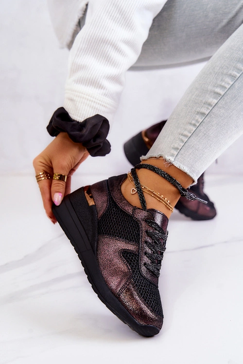 Skórzane Sneakersy Na Koturnie Z Siateczką S.Barski Czarne