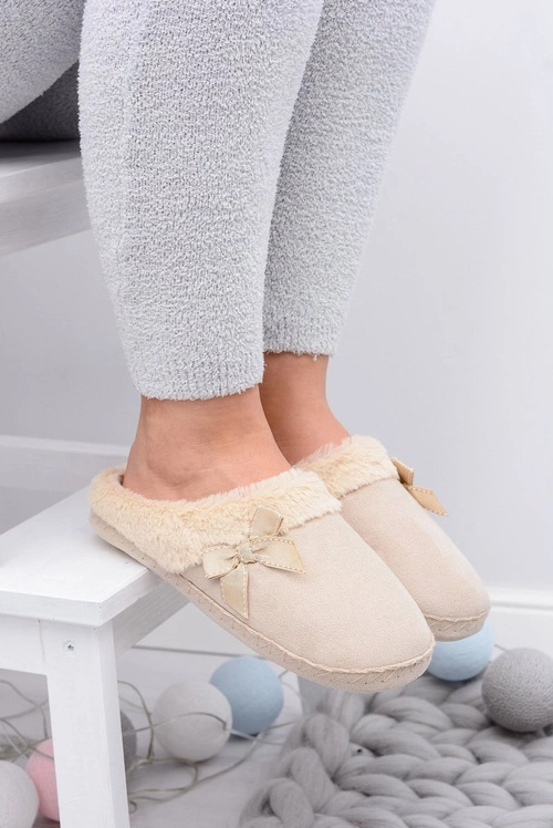 Klapki Damskie Z Futerkiem I Kokardką SOXO Beżowe