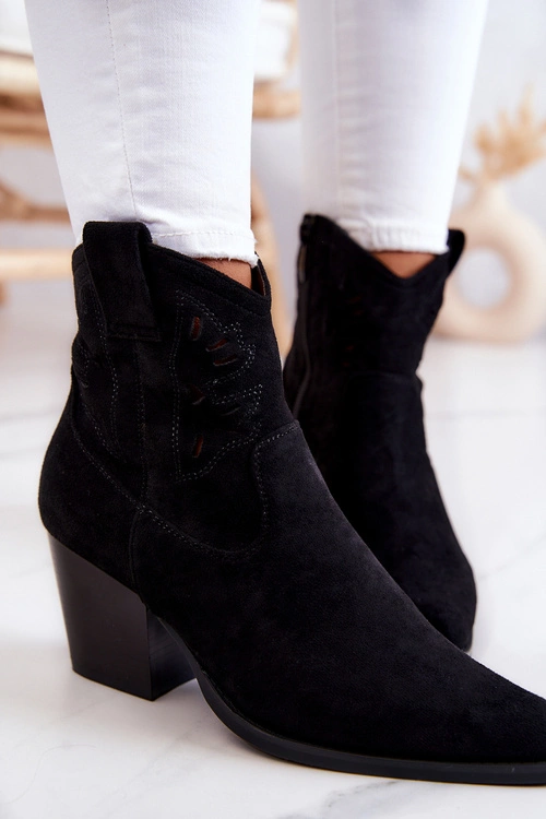 Zamszowe Damskie Botki Kowbojki Czarne Devon