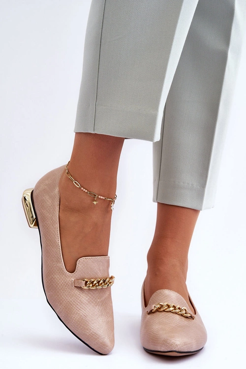 Skórzane Baleriny Na Płaskim Obcasie Z Łańcuchem Beżowe Lanez