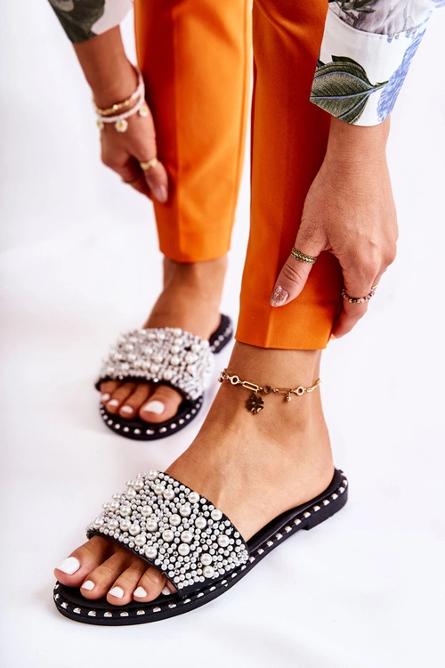 Damskie Klapki Z Perełkami Czarne Vamero