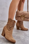 Zamszowe Ażurowe Botki Kowbojki Lewski Shoes 3265 Ciemnobeżowe