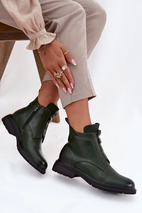 Ocieplane Botki Damskie Na Zamek Z Ozdobnym Detalem Ciemnozielone Roselle