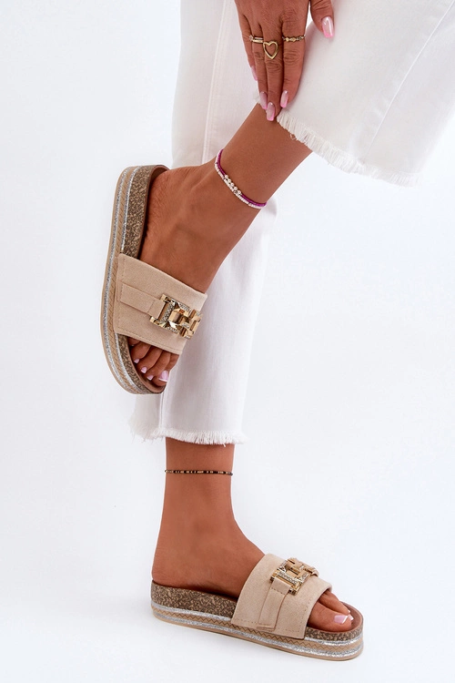 Damskie Klapki Na Platformie Z Ozdobą Beżowe Vapireta