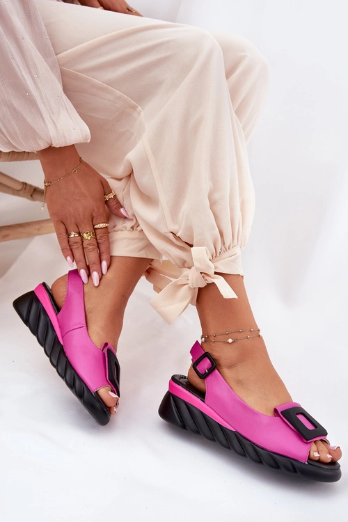 Skórzane Sandały Damskie Na Koturnie z Ozdobą Artiker 56C1571 Fuksja