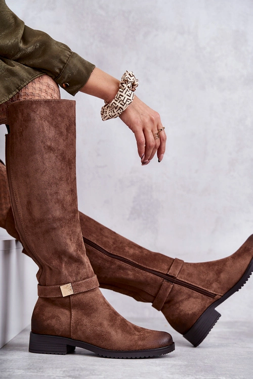 Zamszowe Damskie Kozaki Na Płaskim Obcasie Brązowe Henrike