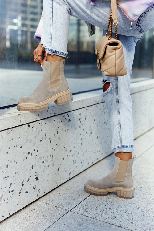 Zamszowe Damskie Botki Workery Jasnoszare Kennel