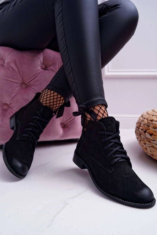 Botki Damskie Płaski Obcas Nubuk Czarne Nicole 2420
