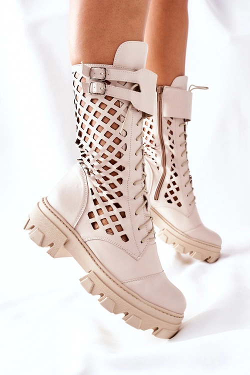 Damskie Skórzane Ażurowe Botki Trapery Beżowe Hootie