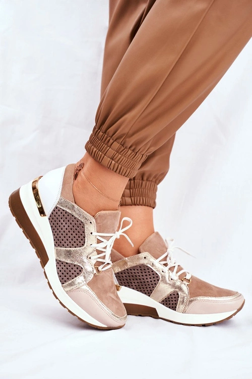 Skórzane Sneakersy Na Koturnie Beżowe Nicole 2562