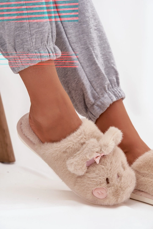 Futrzane Kapcie Damskie Z Uszkami I Kokardką Beżowe Corayne