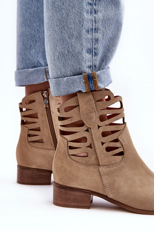 Ażurowe Damskie Skórzane Botki Beżowe Lewski 3329