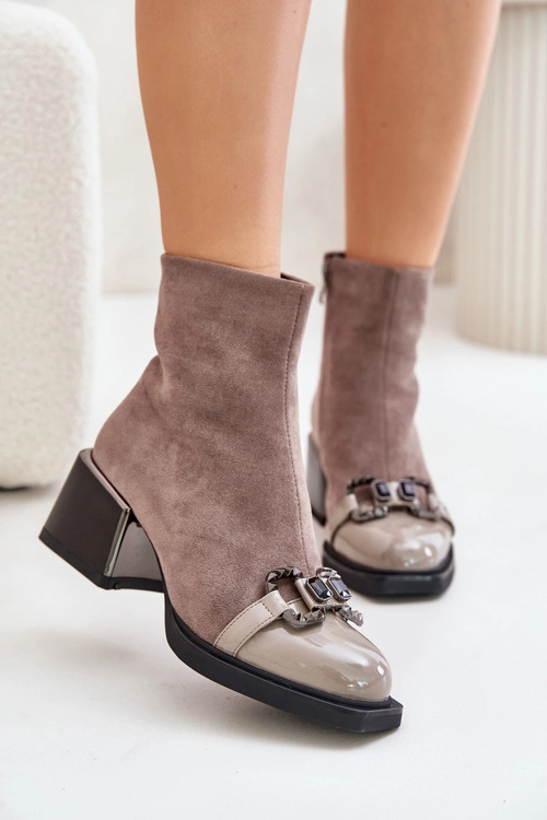 Eleganckie Botki Damskie Na Obcasie Z Ozdobą Szare MR880-127