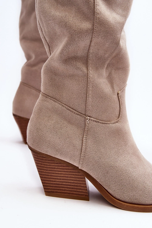 Damskie Kozaki Kowbojki Na Obcasie Przed Kolano Jasnobeżowe Oppore