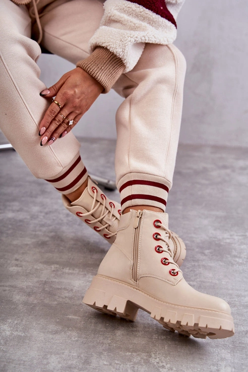 Skórzane Botki Workery Na Suwak Beżowe Messa