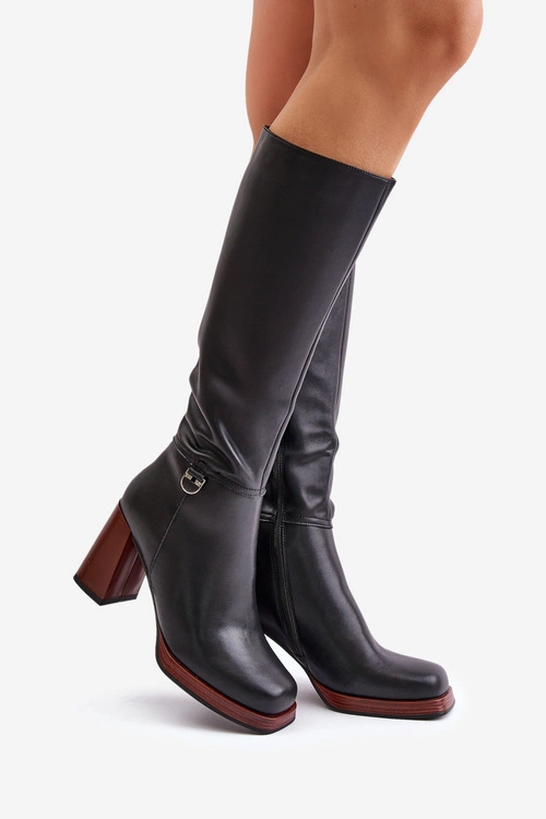 Skórzane Eleganckie Kozaki Na Słupku Ocieplane D&A JC42-39 Czarne