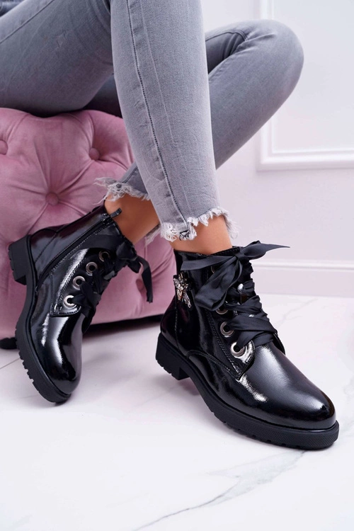 Botki Damskie Płaski Obcas Glany Lakierowane Czarne Sergio Leone BT530