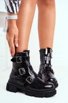 Botki Damskie Klamry Suwaki Lakierowane Czarne Kassandra