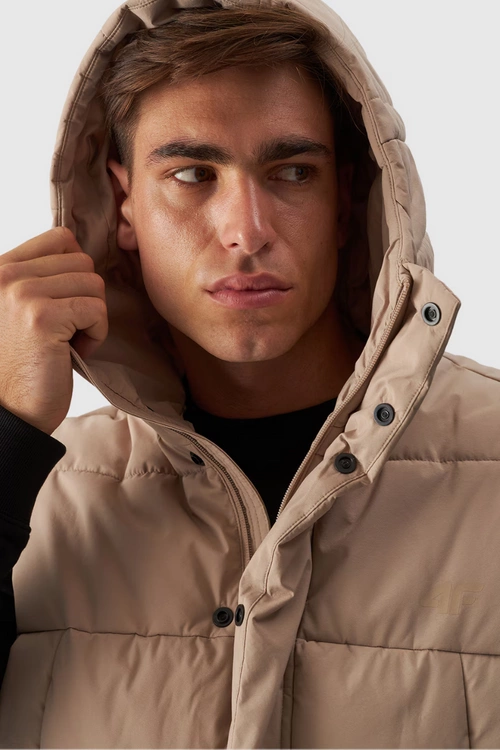 Bezrękawnik Puchowy Męski Z Kapturem 4FWAW24TVJAM144-83S Beżowy