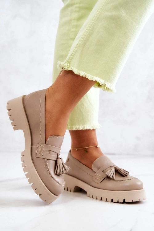 Damskie Skórzane Półbuty Frędzle Maciejka 05497-04 Beżowe