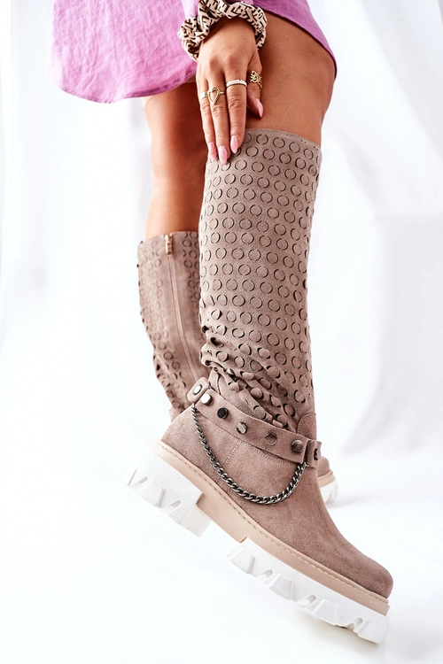 Damskie Skórzane Kozaki Lewski Cappuccino Zamszowe 2866