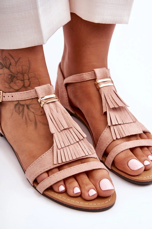 Płaskie Zamszowe Sandały Z Frędzlami Jasnoróżowe Viva