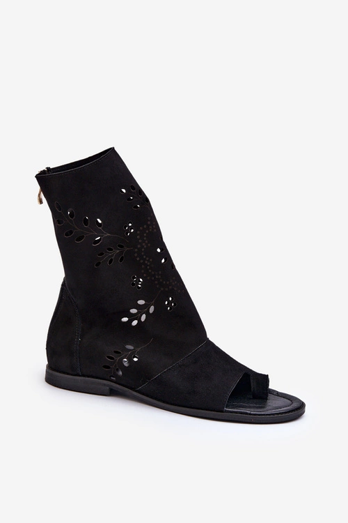 Zazoo 3437 Damskie Zamszowe Sandały Z Cholewką Na Zamek Czarne